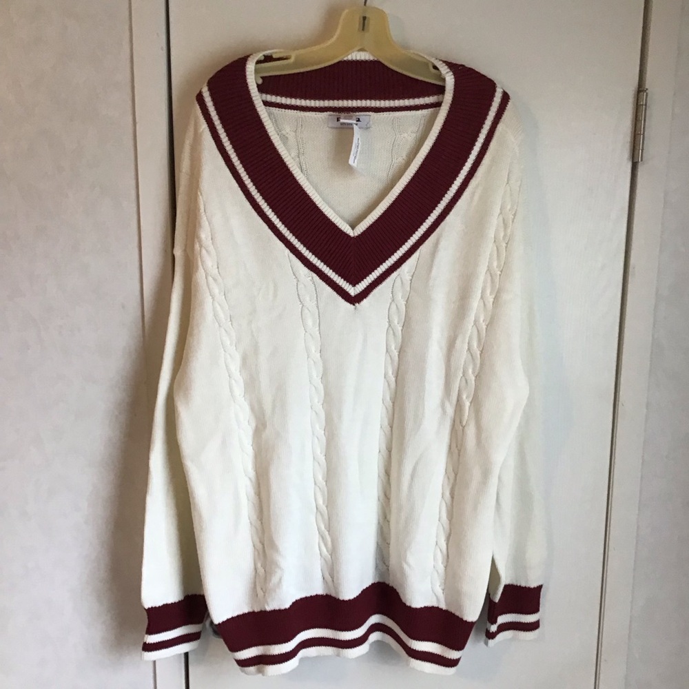 RSQ Cream Burgundy Cricket Sweater V-Neck Knit Preppy Jumper Sz 2XL only 1 left